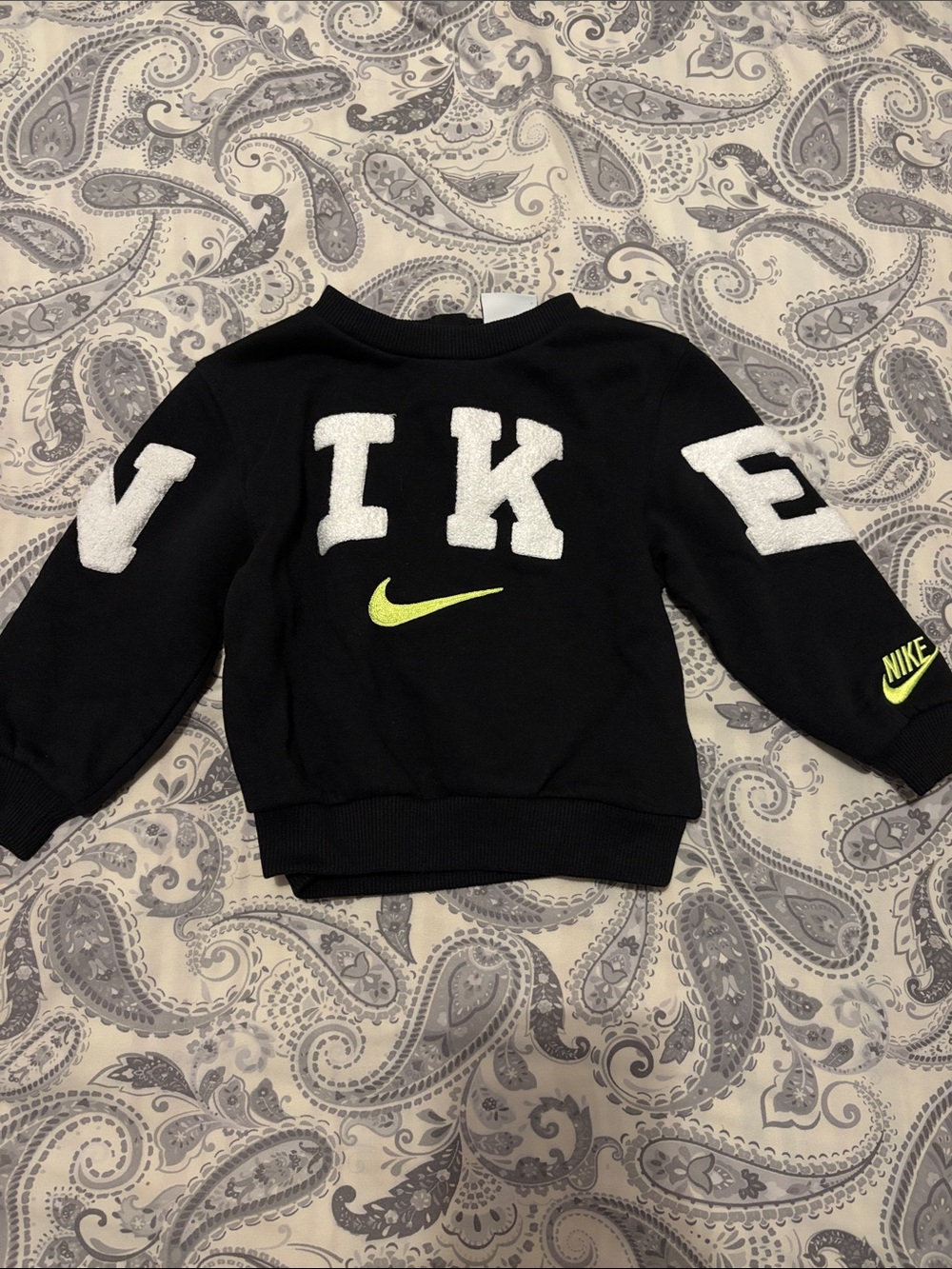 Nike Black Kids Sweatshirt with White Chenille Letters and Neon Green Swoosh